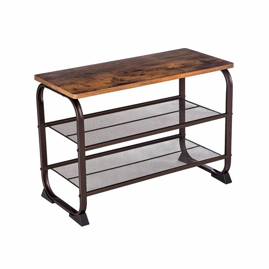 Storage & Cleaning * | Benzara Dunawest Industrial 3 Tier Wood Top Shoe Rack With Metal Base, Black And Brown